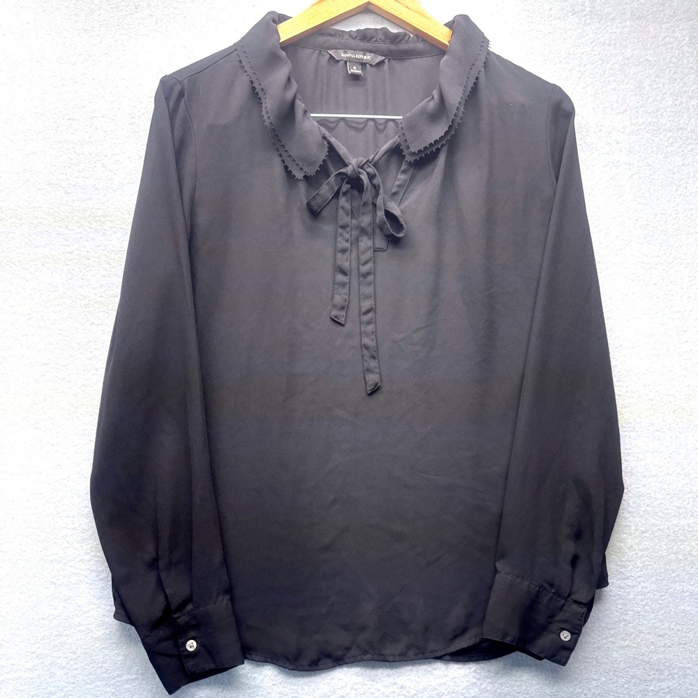Banana Republic Black Tie Neck Ruffle Collar Long Sleeve Sheer Blouse Small